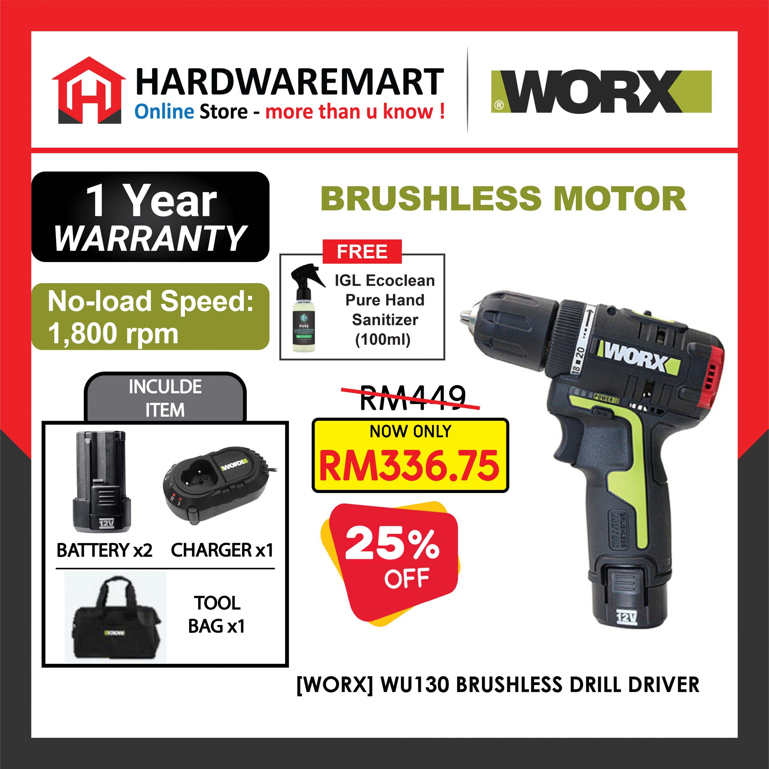 [WORX PROFESSIONAL TOOLS] WORX WU130 10MM 12V BRUSHLESS DRILL DRIVER - Double Battery Drill Driver