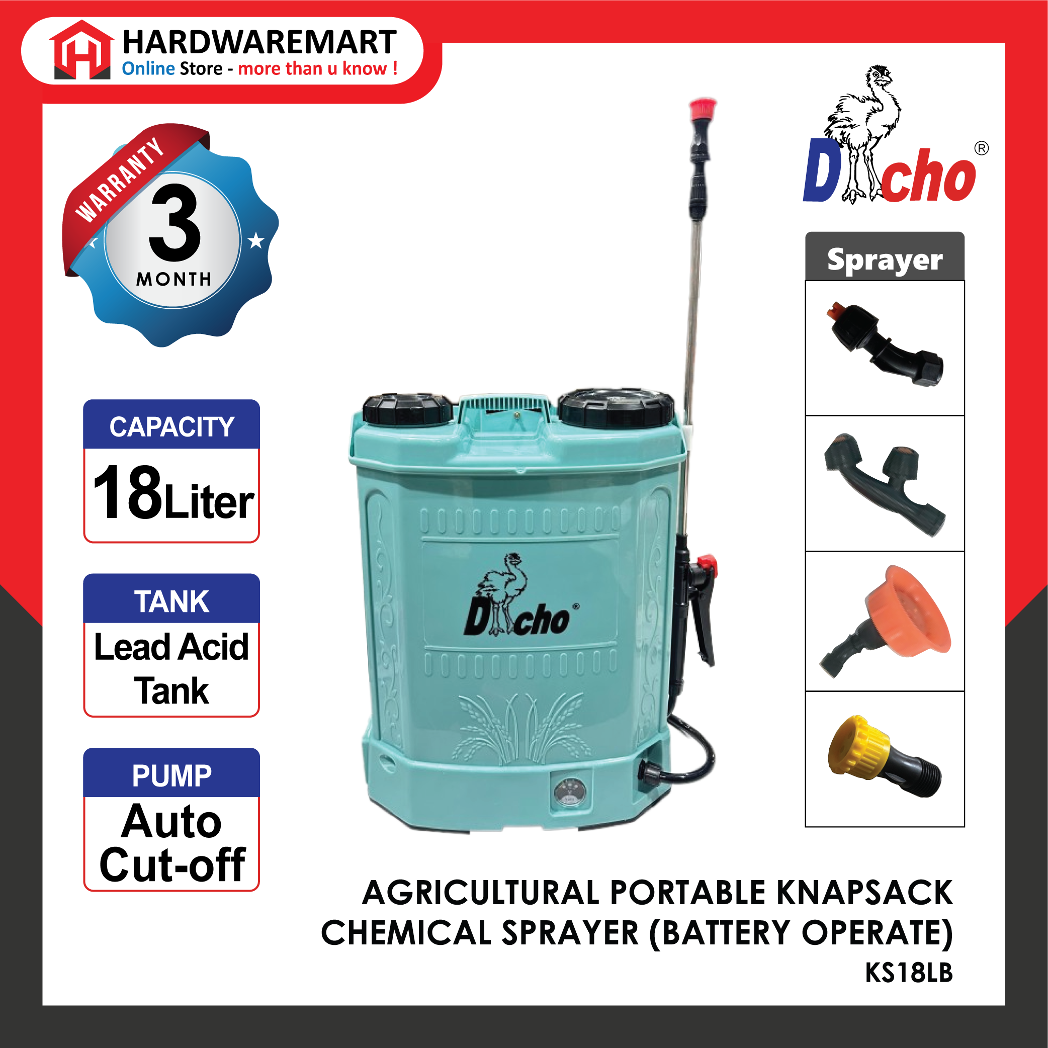 DACHO 18L AGRICULTURAL PORTABLE KNAPSACK CHEMICAL SPRAYER (BATTERY OPERATE) - KS18LB
