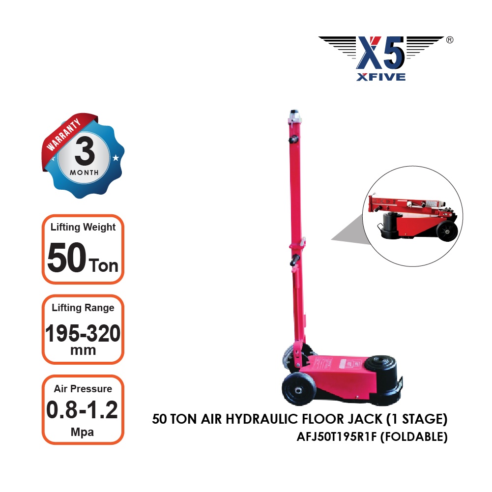 X5 AFJ50T1F 50 TON AIR HYDRAULIC FLOOR JACK LIFTING 1-STAGE RANGE: 195 - 320MM (FOLDABLE)