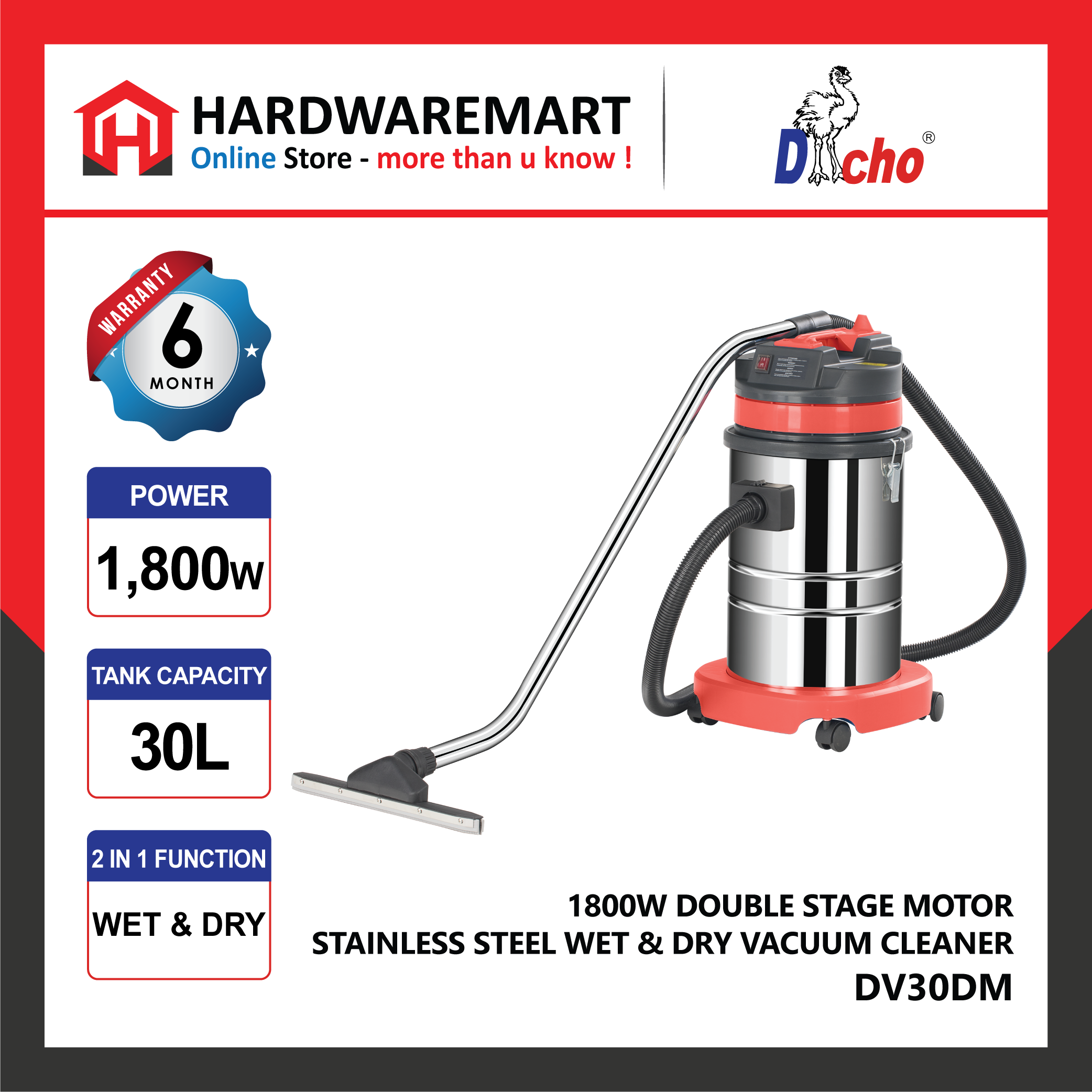 Dacho 30L Wet and Dry Vacuum Cleaner Industry Heavy Duty 3in1 Car Wash Vakum Vacum Basah 干湿吸尘机 1800W/30L (DV30DM)