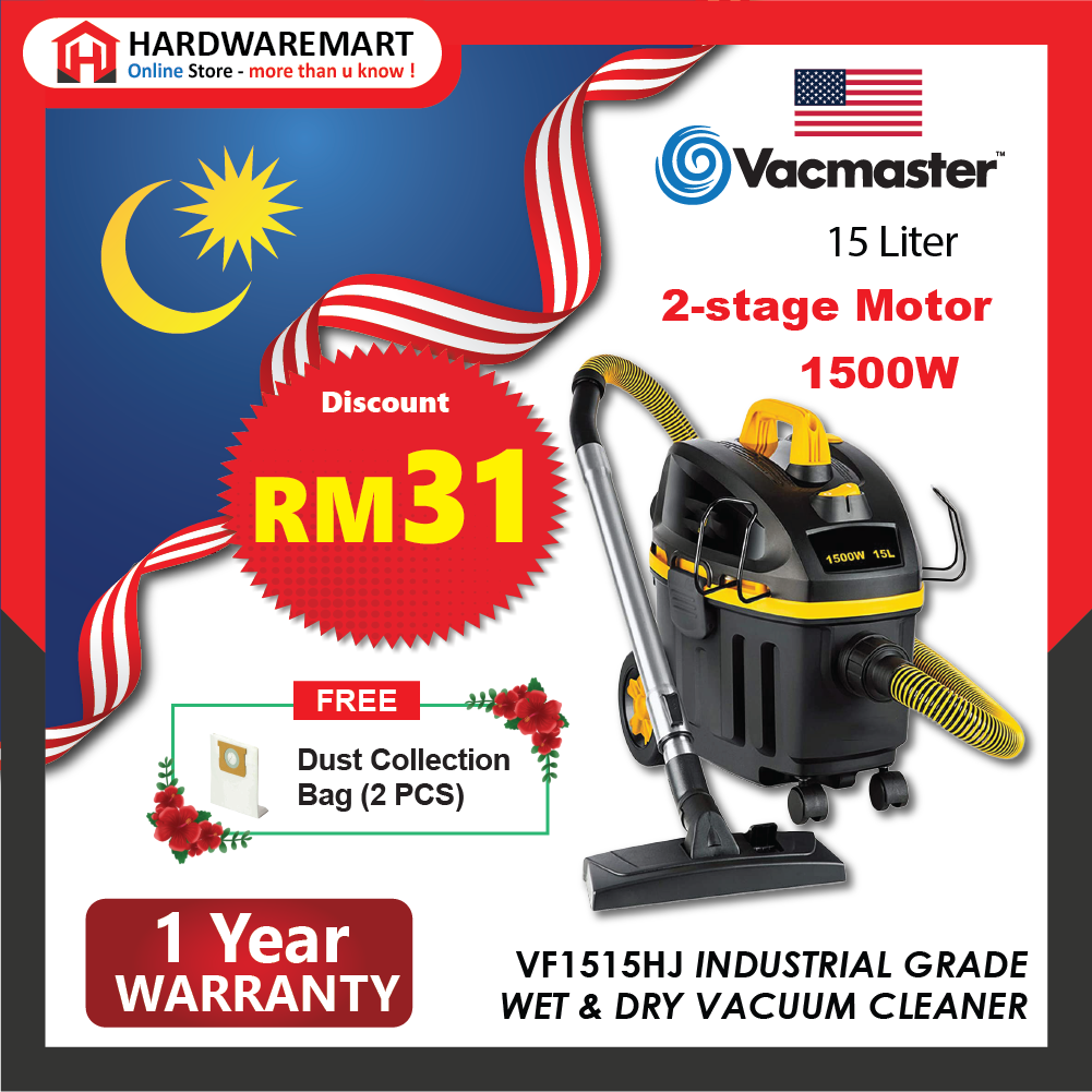 [SIRIM] VACMASTER VF1515HJ INDUSTRIAL GRADE 2 STAGE MOTOR WET & DRY VACUUM CLEANER AUTO REWIND CABLE
