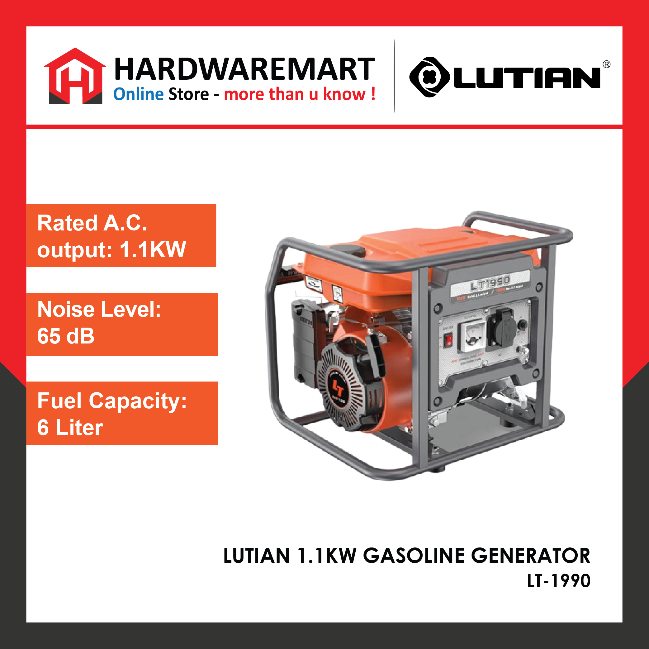 LUTIAN 1.1KW HEAVY DUTY GASOLINE GENERATOR (LT-1990) ENGINE PENJANA ENJIN