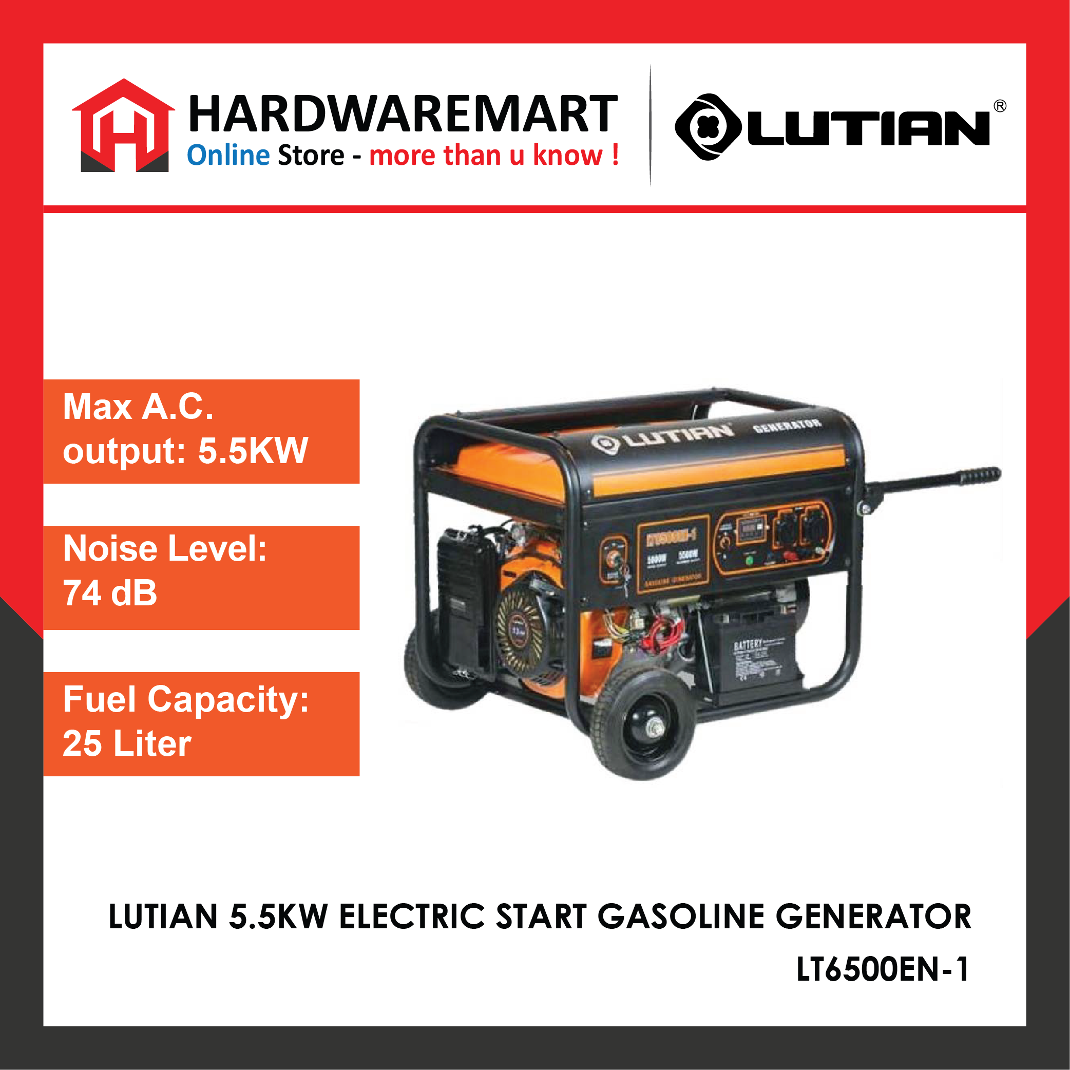 LUTIAN 5.5KW GASOLINE GENERATOR (LT6500EN-1)