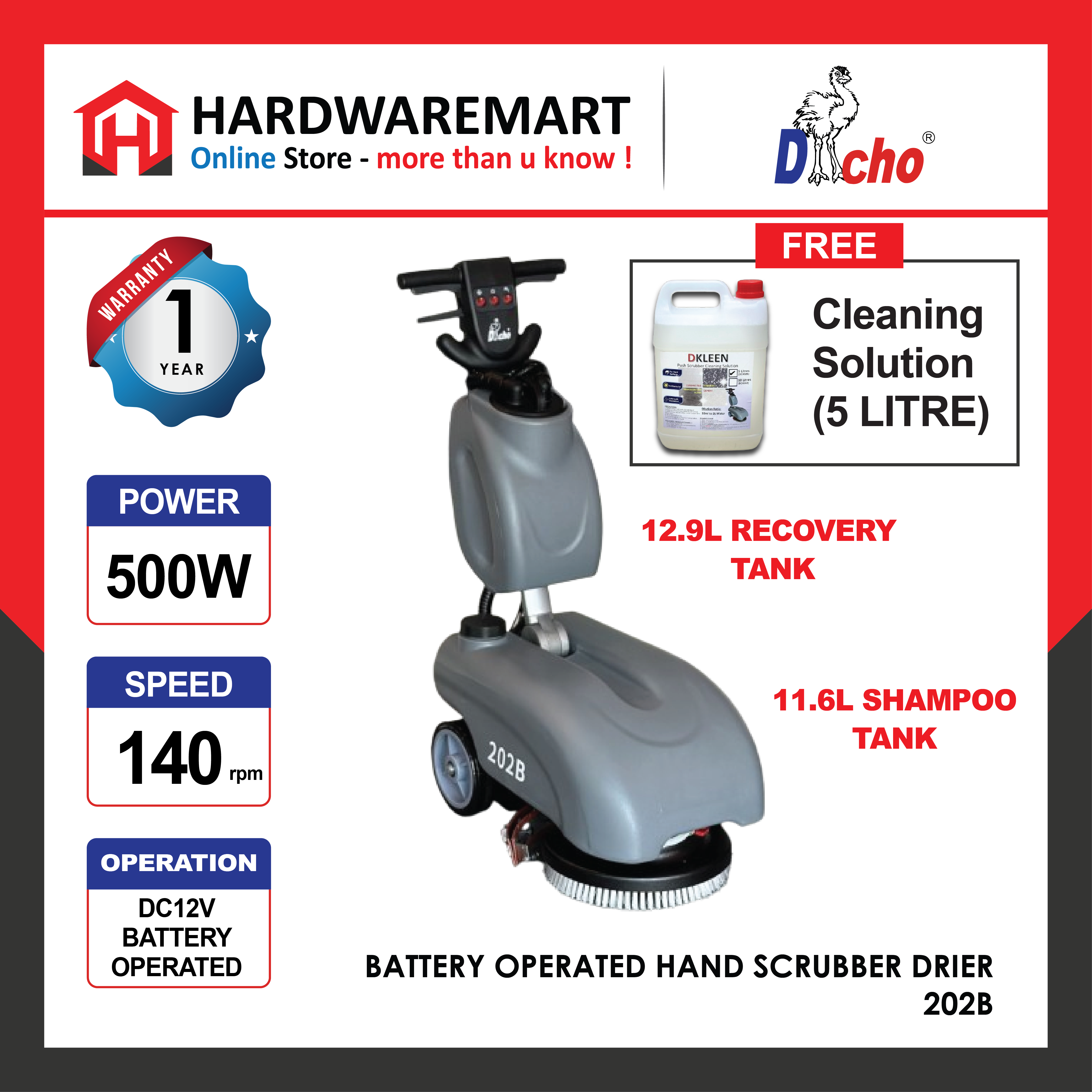 DACHO BATTERY OPERATED HAND SCRUBBER DRIER 202B