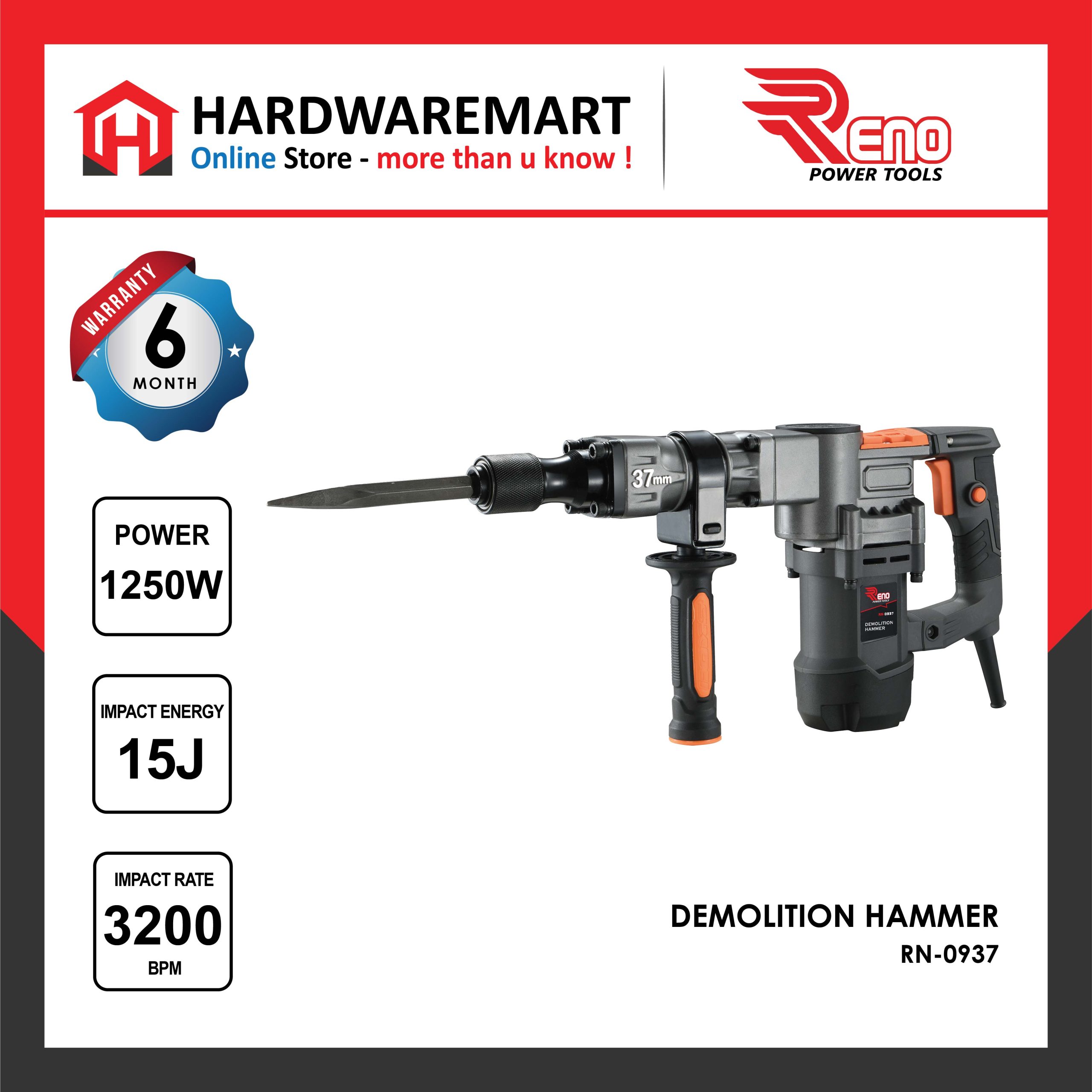 RENO RN0937 Electric Demolition Hammer Concrete Hammer Breaker Hacker mesin pemecah batu 电动拆除电锤 (1250W) - HARDWAREMART