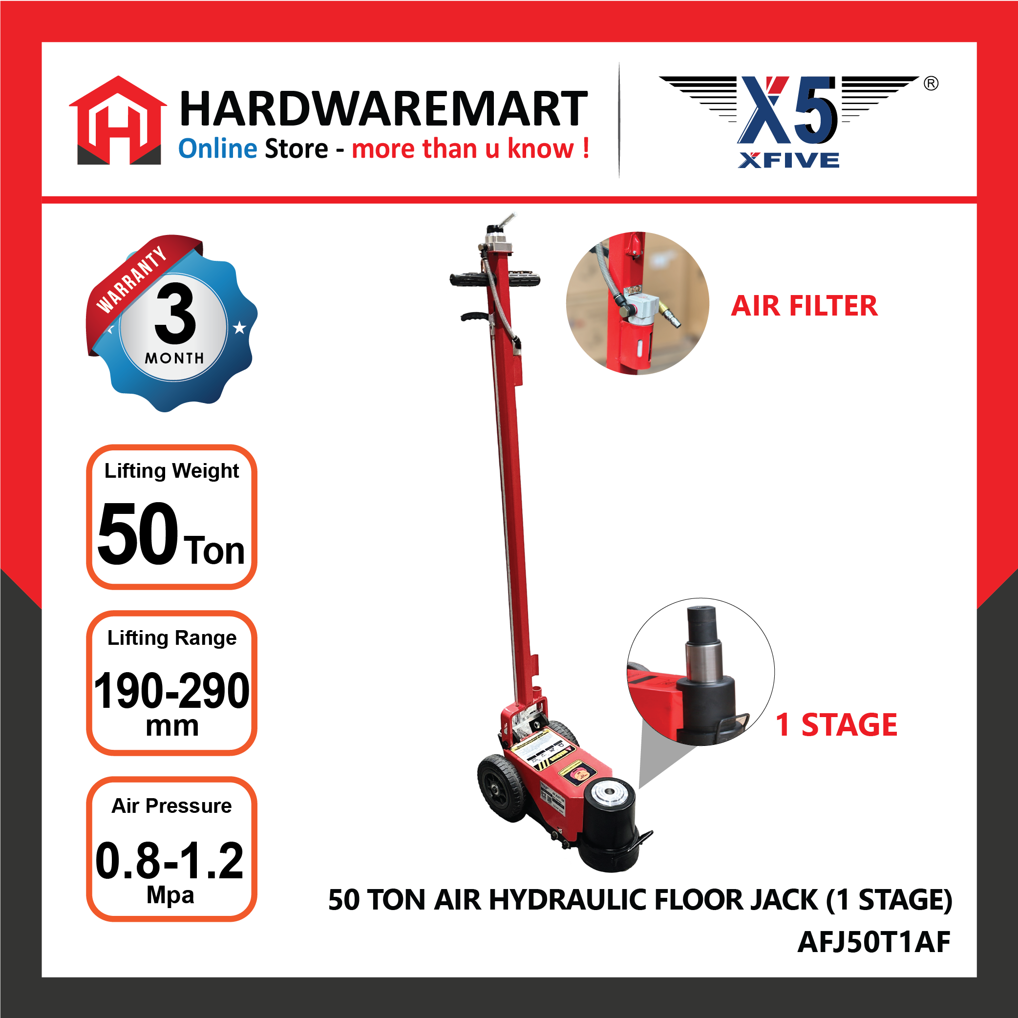 X5 AFJ50T1AF 50 TON 1 STAGE Heavy Duty Hybrid Lift Pneumatic Air Hydraulic Floor Jack Garage Automotive Repair car jek kereta 千斤顶 - HARDWAREMART