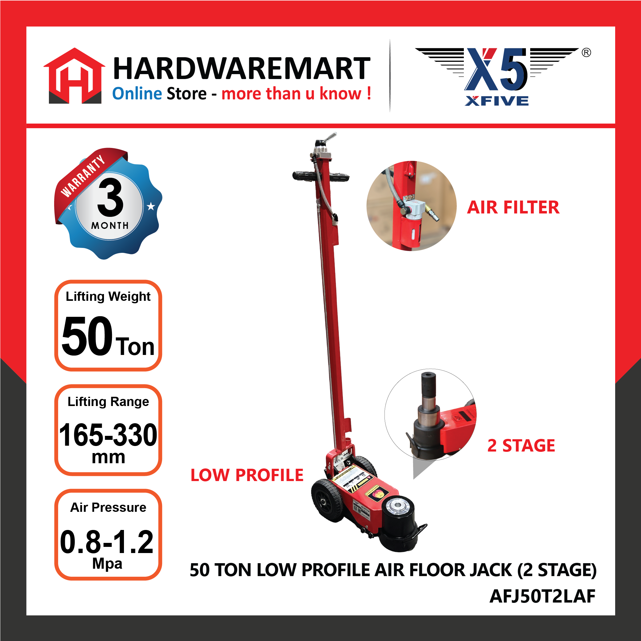X5 AFJ50T2LAF 50 TON 2 STAGE LOW PROFILE Heavy Duty Hybrid Lift Pneumatic Air Hydraulic Floor Jack Garage Automotive Repair car jek kereta 千斤顶 - HARDWAREMART