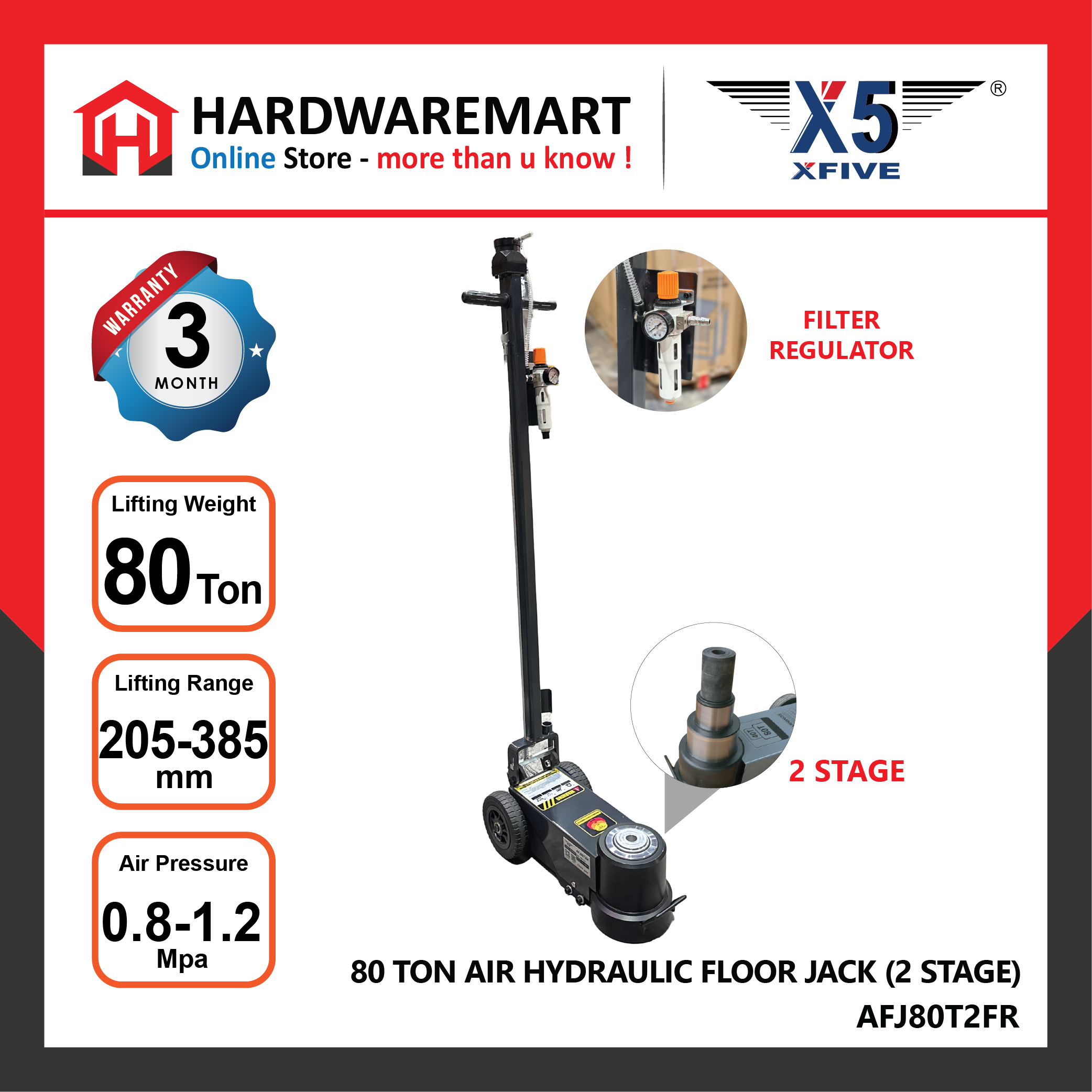 X5 AFJ80T2FR 80 TON AIR HYDRAULIC FLOOR JACK (2 STAGE) WITH GAUGE FILTER REGULATOR - HARDWAREMART