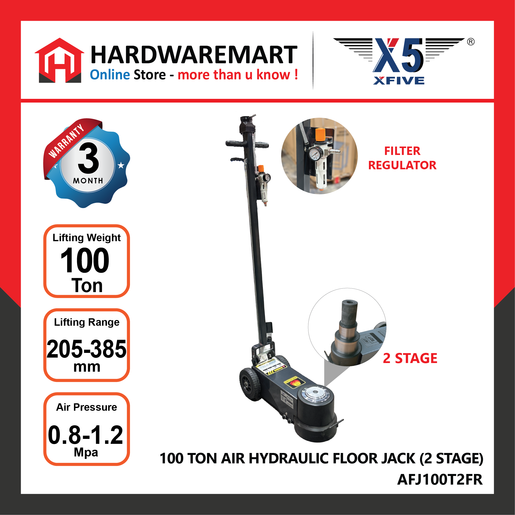 X5 100 TON AIR HYDRAULIC FLOOR JACK LIFTING 2-STAGE RANGE: 205 – 385MM WITH FILTER REGULATOR (STRAIGHT) - HARDWAREMART