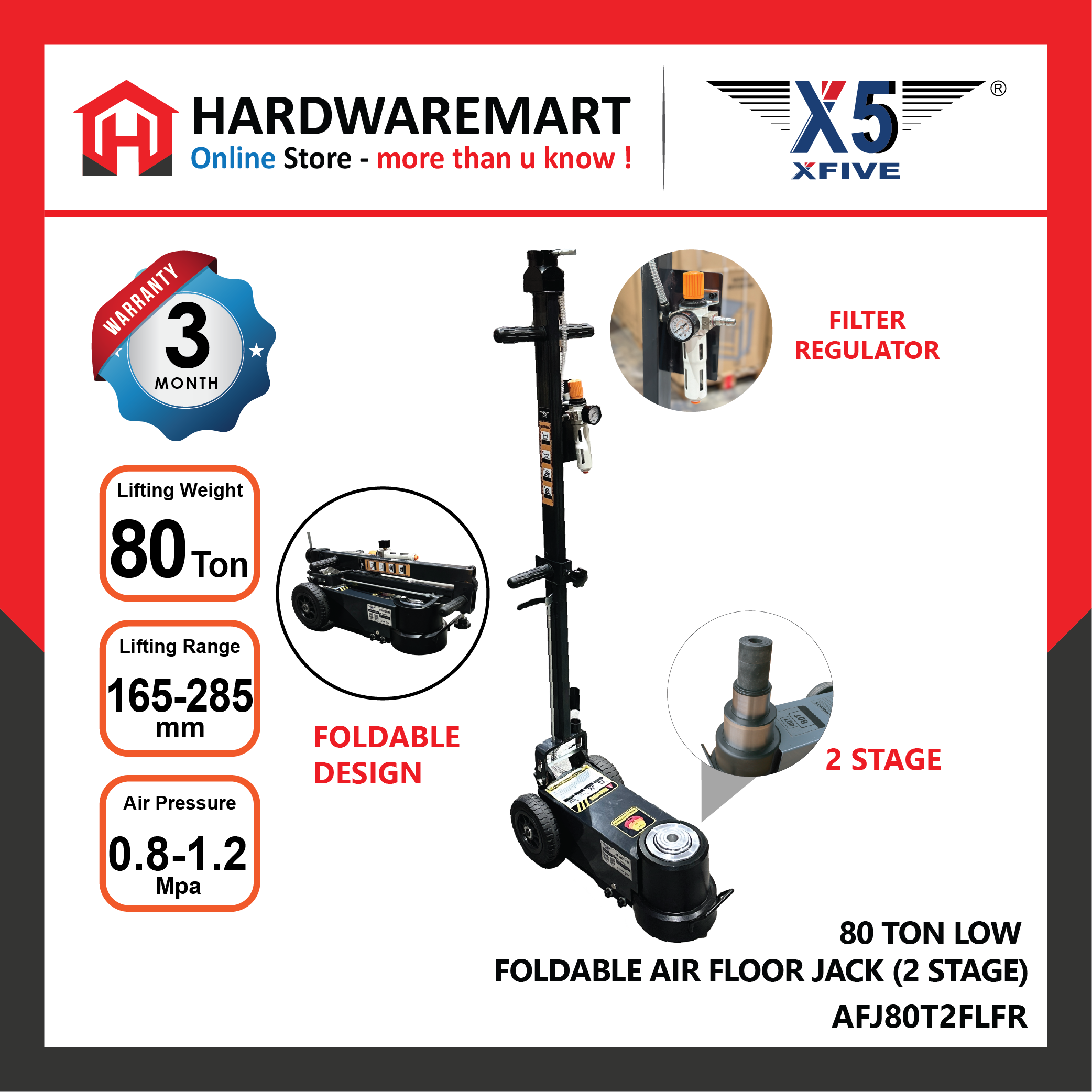 X5 AFJ80T2FLFR 80 TON LOW PROFILE AIR HYDRAULIC FLOOR JACK LIFTING 2-STAGE WITH FILTER REGULATOR (FOLDABLE) - HARDWAREMART