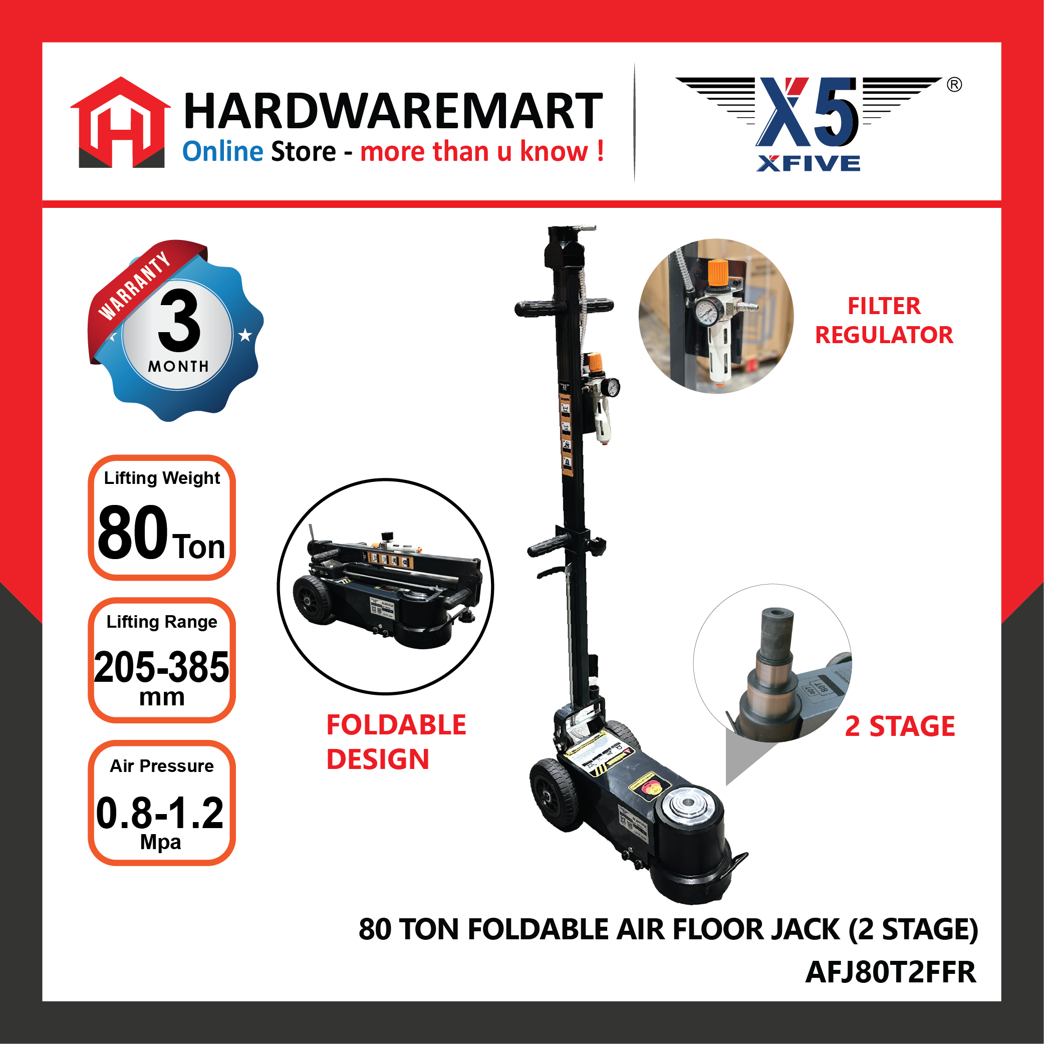 X5 AFJ80T2FFR 80 TON AIR HYDRAULIC FLOOR JACK LIFTING 2-STAGE RANGE: 205 – 385MM (FOLDABLE) - HARDWAREMART