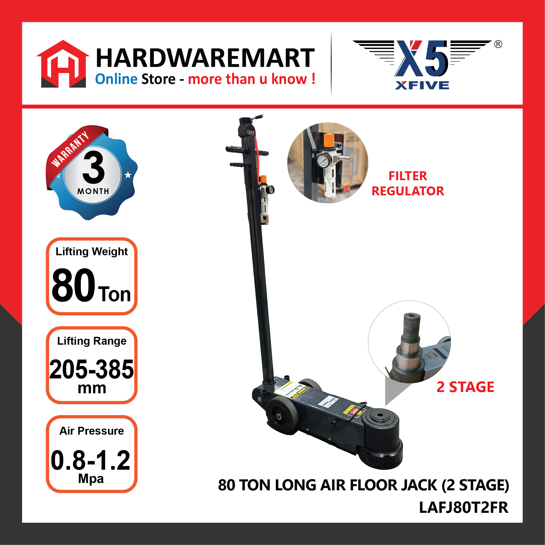 X5 80 TON LONG AIR FLOOR JACK LIFTING 2-STAGE RANGE: 205 – 385MM (STRAIGHT) LAFJ80T2FR - HARDWAREMART