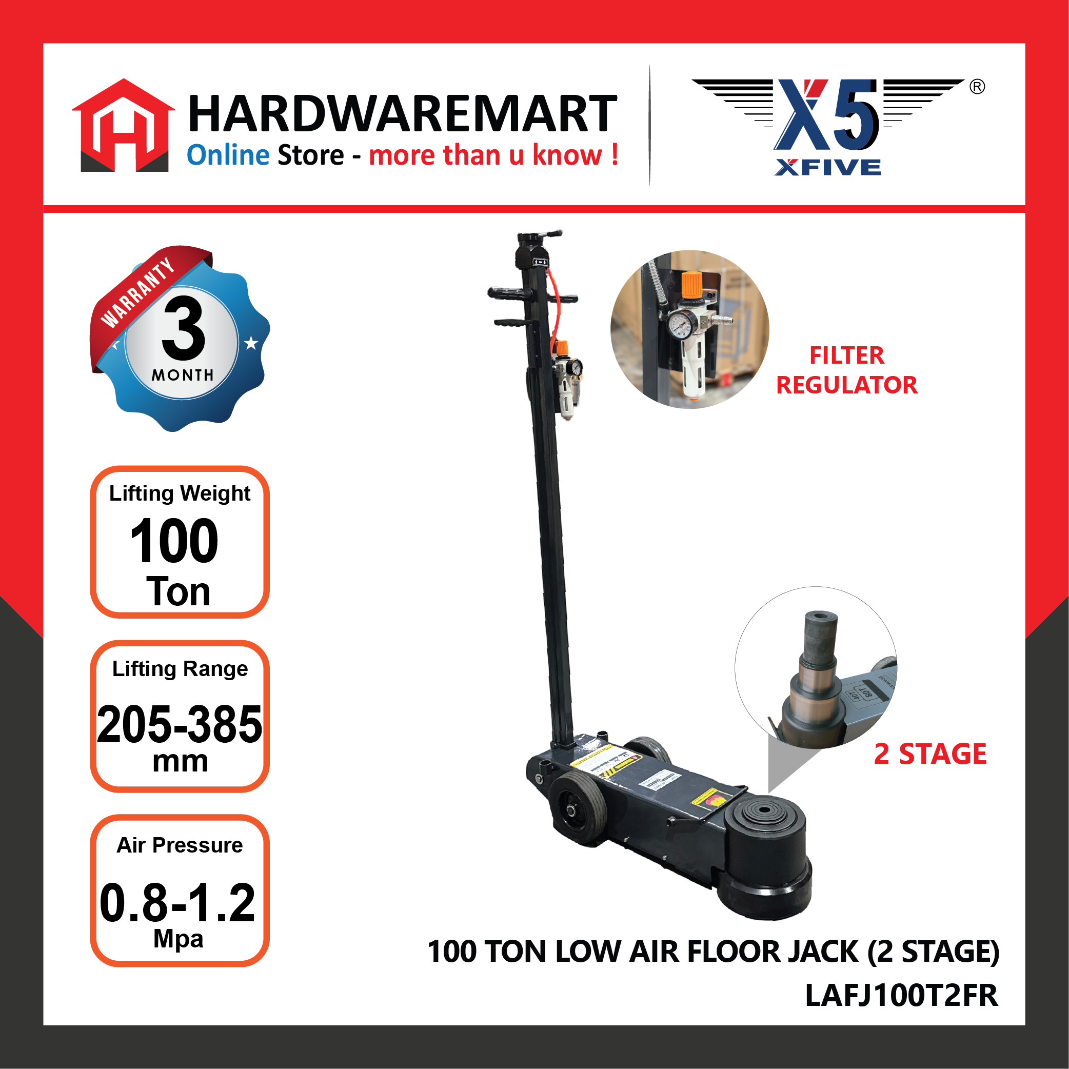 X5 100 TON LONG AIR FLOOR JACK LIFTING 2-STAGE RANGE: 205 – 385MM (STRAIGHT) LAFJ100T2FR - HARDWAREMART